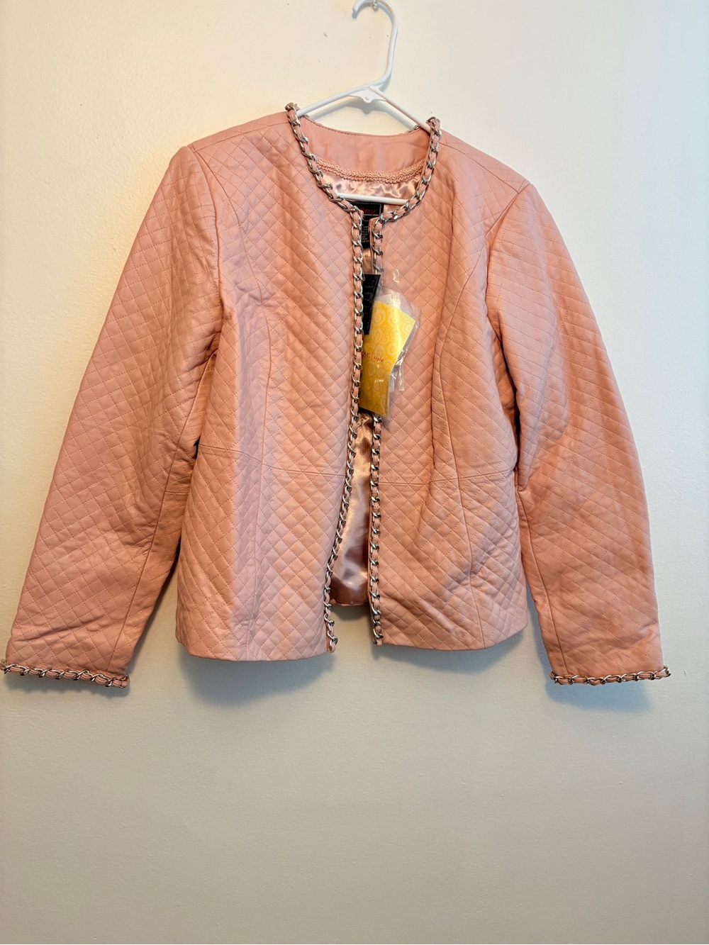 Quilted Pink Chain-Trim Leather Jacket - Picture 1 of 2